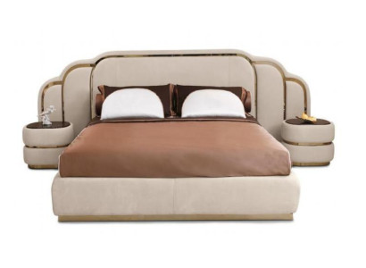 Beige bedroom furniture set with bed and 2x nightstands wood luxury 3 pieces