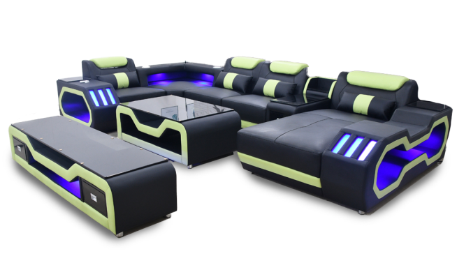 Sectional U-shaped black living area couch upholstery corner set sofa