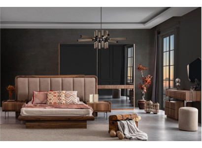 Luxury brown bedroom set bed 2x nightstands wardrobe modern