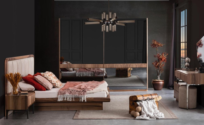 Luxury brown bedroom set bed 2x nightstands wardrobe modern