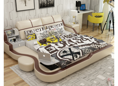 Multifunctional Bed Luxury Design Beige Double Beds with Shelf 180x200cm
