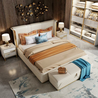 Double Bed Classic Bed Designer Upholstered Beds Frame Textile Leather White