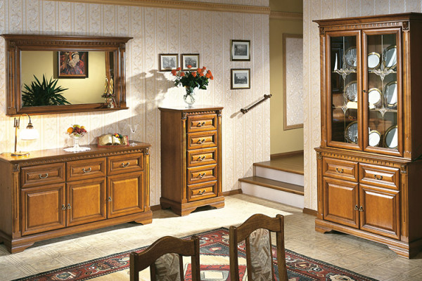 Living room set, 4-piece: chest of drawers, display cabinet, sideboard, colonial style, wall unit