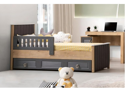 Bed frame for children's bed, children's room, children's room furniture, gray wood.