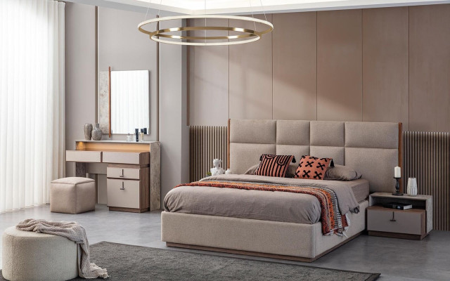 Luxury bedroom furniture double bed nightstands gray 6-piece wardrobe bed