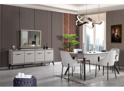 Modern dining room wood furniture luxury sideboard mirror dining table 6x chairs