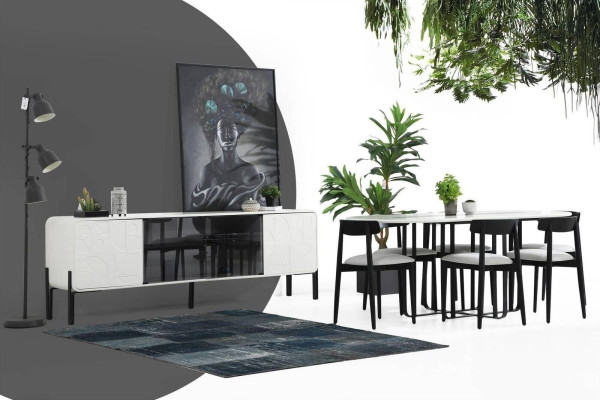 Modern dining room designer group dining table chairs sideboard table wood set 6-piece white