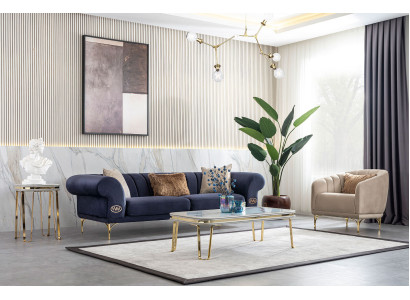 Blue-Beige Living Room Set Luxury Sofa Suite 3+3+1 Seater Design Couch