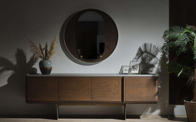 Brown sideboard modern wooden furniture luxury round mirror living room 2-piece set
