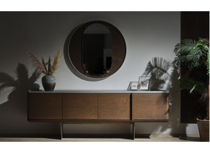 Brown sideboard modern wooden furniture luxury round mirror living room 2-piece set