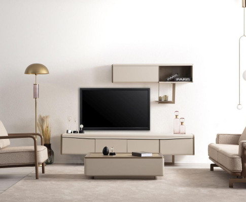 Beige lowboard wood shelf designer TV cabinet living room luxury furniture