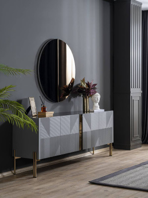 Black dining set designer sideboard luxury round mirror 2-piece