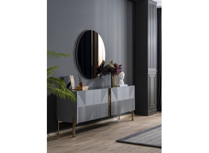 Black dining set designer sideboard luxury round mirror 2-piece