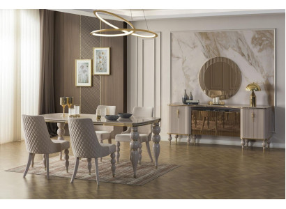 Beige dining set designer dining room furniture dining table chairs sideboard 9-piece set
