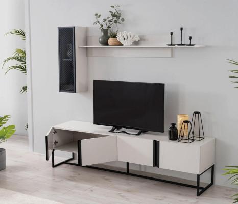 TV stand set cabinet RTV lowboard living room shelves white wood