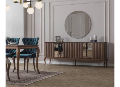 Brown 4-Door Sideboard Luxurious Mirror Dining Room Wooden Furniture 2-Piece Set