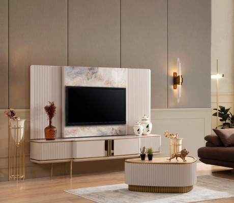 White lowboard with TV frame living room designer furniture stainless steel frame