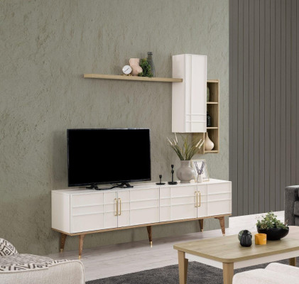 TV stand cabinet set RTV lowboard living room shelves white wood