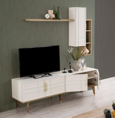 TV stand cabinet set RTV lowboard living room shelves white wood