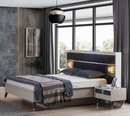 Gray-white bedroom set double bed 2x nightstands 3-piece set