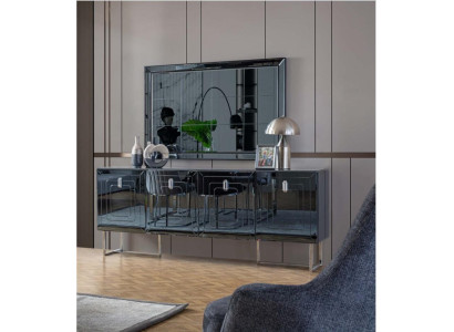 Gray dining room furniture, glass mirror, designer stainless steel sideboard, luxury set