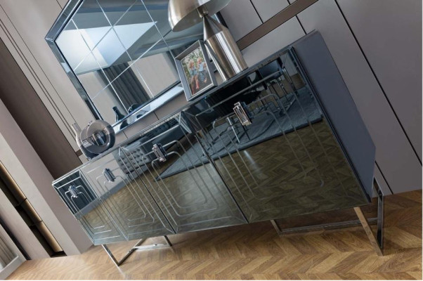 Gray dining room furniture, glass mirror, designer stainless steel sideboard, luxury set