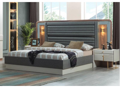 Gray beds designer bedroom double bed 2 wooden nightstands 3-piece set