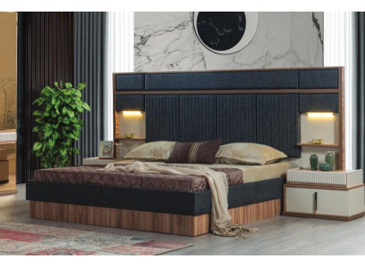 Modern bedroom set double bed wood nightstands upholstered bed