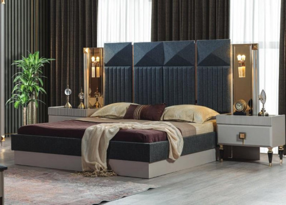 Modern bedroom furniture designer gray bed 2x wooden nightstands 3-piece set