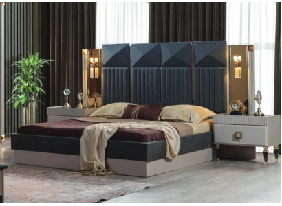 Modern bedroom furniture designer gray bed 2x wooden nightstands 3-piece set