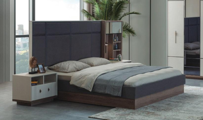 Gray bedroom bed designer set double bed 2x bedside tables