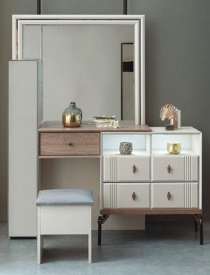 White vanity table with glass mirror, luxurious upholstered stool, modern furniture