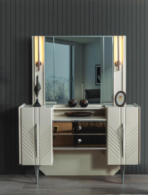 Bedroom Set Luxury White Vanity Table Mirror Designer 2-Piece Set