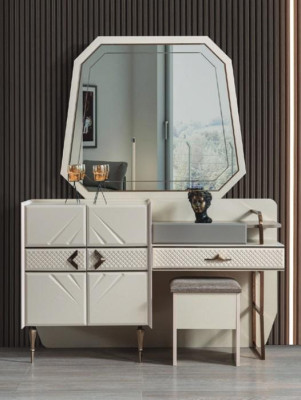 White Bedroom Set Luxury Furniture Vanity Table with Upholstered Stool