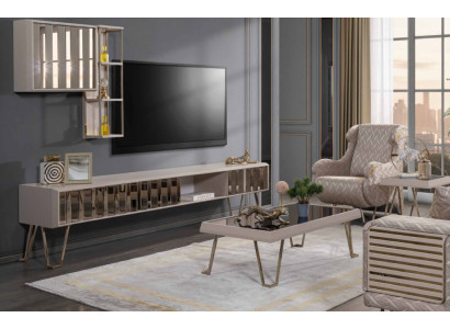 TV stand RTV wall shelves coffee table beige metal modern living room set 3-piece