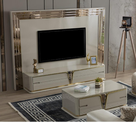 TV Stand RTV Lowboard Sideboard Living Room Gold Beige Luxury Wood New