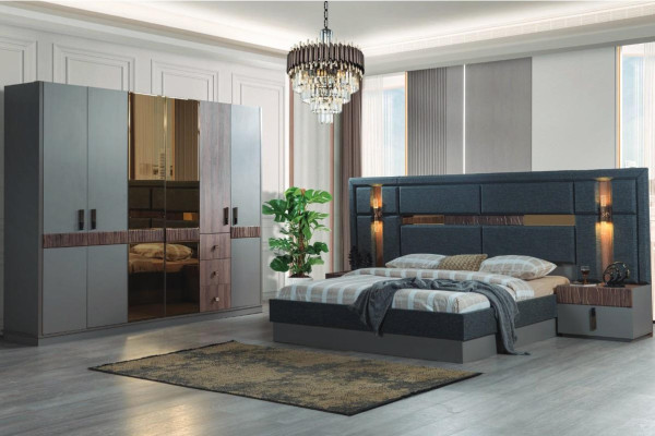 Gray Bedroom Complete Set Bed 2x Nightstands Wardrobe