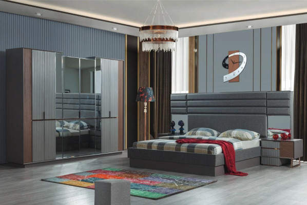 Dark blue bedroom furniture double bed bedside tables wardrobe 4-piece set