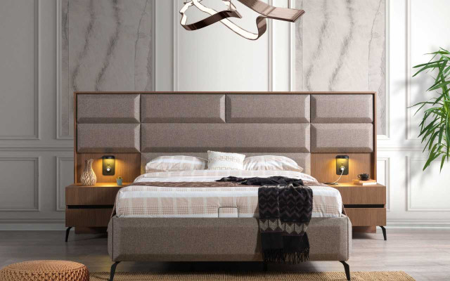 Gray-Brown Double Bed Exclusive Bedroom Dresser Mirror 5-Piece Set