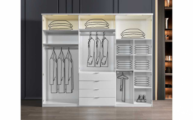 White wardrobe with 4 drawers, bedroom cabinets, wooden furniture