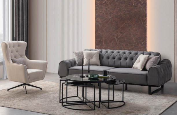 Gray Chesterfield Three-Seater Luxurious Upholstery White Armchair 2-Piece Set
