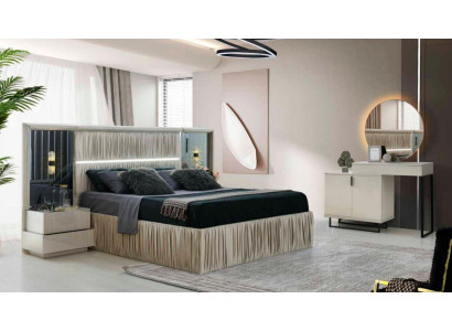 4-piece bedroom set: bed, 2 bedside tables, vanity table with mirror, white, modern