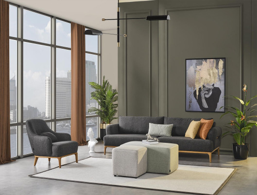 Armchair Design Luxury Upholstery Lounge Gray Modern Living Room Wood Textile