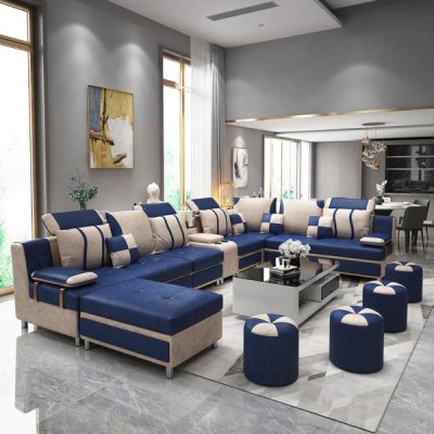 Brown U-shaped sofa upholstery for relaxing in the living room, soft cushions