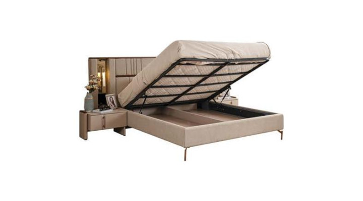 Modern beige double bed, 2 bedside tables, wardrobe, wooden furniture
