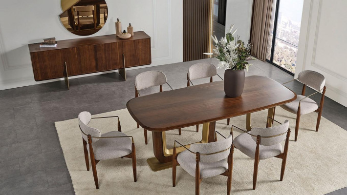 Modern dining room set consists of dining table, 6x chairs, mirror, sideboard.