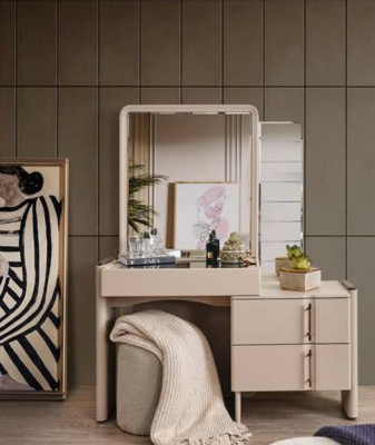 Beige Designer Vanity Table Bedroom Mirror Exclusive 2-piece Set