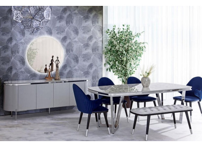 Dining room set consists of dining table, 4x chairs, mirror, sideboard, bench, 8 pieces.