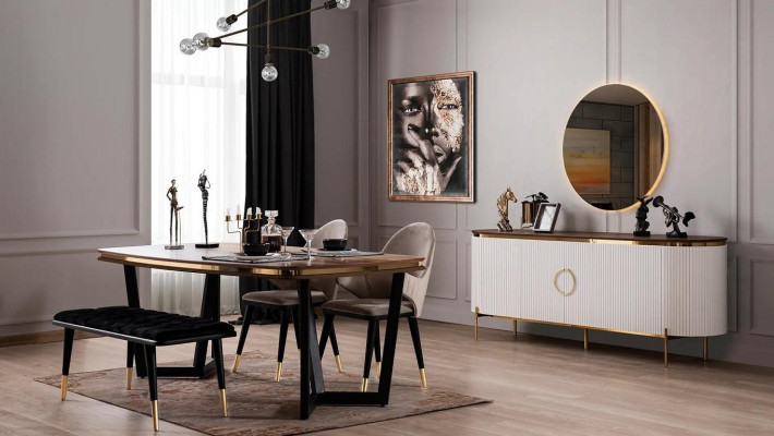 Dining room set consists of dining table, 4 chairs, bench, sideboard, mirror, 8 pieces.