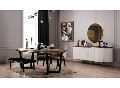 Dining room set consists of dining table, 4 chairs, bench, sideboard, mirror, 8 pieces.